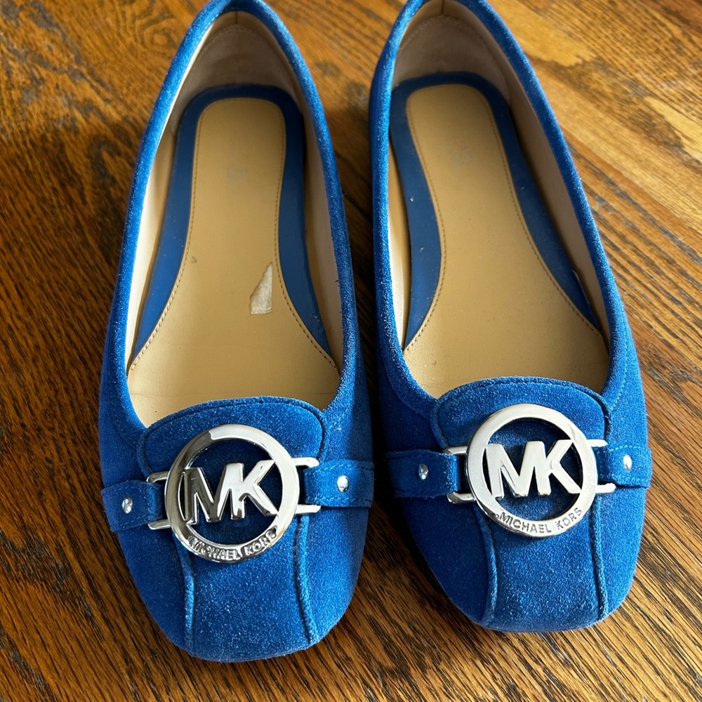 Michael Kors Blue Suede Flats with Silver Emblem
